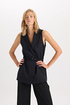 DeFacto Ceket Yaka Basic Düz Kemerli Kolsuz Blazer Yelek D4784AX24AUBK81