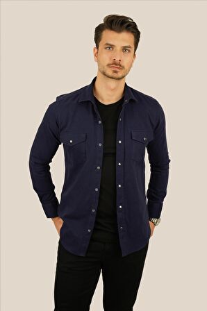 Lacivert Slimfit Gerçek Kot Erkek Gömlek
