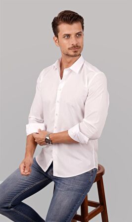 Kolay Ütülenebilir Dakron Düz Beyaz Slimfit Gömlek