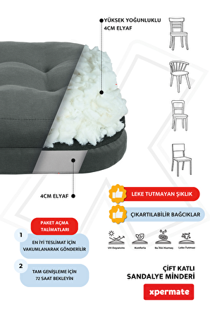 XPERMATE 6'lı Çift Kat Sandalye Minderi Fermuarlı Yıkanabilir Kılıf Bağcıklı Su ve Yağ İtici 42x42x8 Antrasit