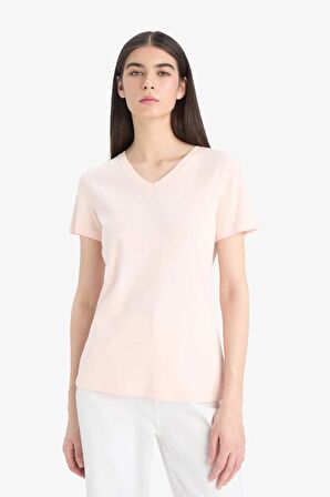 DeFacto Slim Fit Dar Kesim V Yaka Basic Düz Ribana Kısa Kollu Tişört I1080AZ25SPPN350