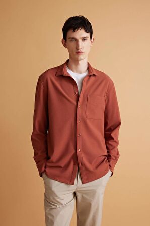 DeFacto Regular Fit Polo Yaka Krinkıl Basic Düz Uzun Kollu Gömlek B6484AX24SPBN367