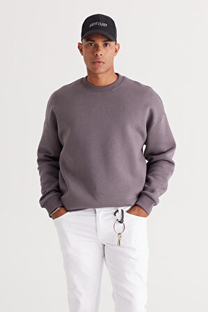 Erkek Koyu Gri Oversize Fit Bol Kesim Pamuklu Içi Polarlı 3 Iplik Bisiklet Yaka Sweatshirt