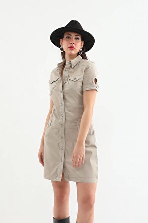 Kadın Bej Düğmeli Jean Elbise