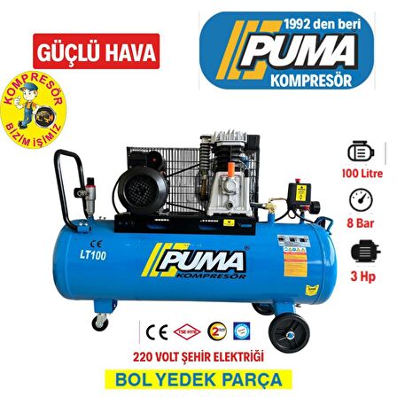 PUMA 100 Litre Yağlı Pistonlu Kompresör 3 HP, 8 Bar, 220 Volt