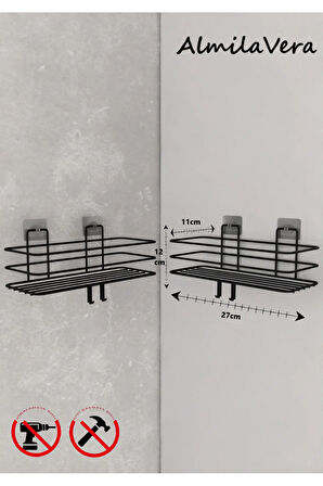 Siyah Güçlü Yapışkanlı Kancalı Banyo Rafı 2 Adet