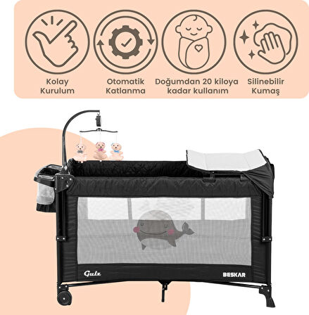 Gulz Beskar Anne Yanı Sallanır Dönenceli Alt Açmalı Oyun Parkı Bebek Beşik 70X120 cm + YATAKLI  Siyah