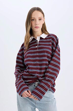 DeFacto Coool Loose Fit Çizgili Polo Yaka Uzun Kollu Tişört E4917AX25SPBR210