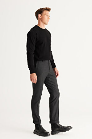 Erkek Antrasit Slim Fit Dar Kesim Beli Bağlamalı Desenli Esnek Pantolon