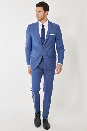 Erkek Mavi Slim Fit Dar Kesim Mono Yaka Desenli Mavi Klasik Takım Elbise