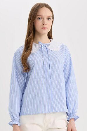 DeFacto Regular Fit Geniş Yakalı Çizgili Poplin Uzun Kollu Gömlek Tunik E4354AX25SPBE40