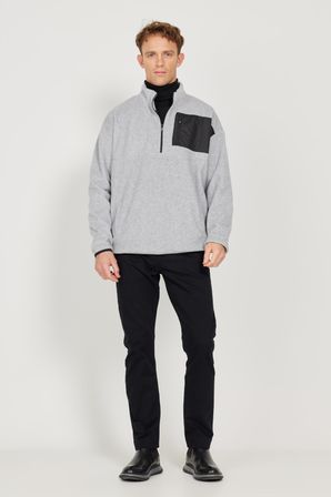 Erkek Gri Melanj Oversize Fit Genis Kesim Bato Yaka Cep Detayli Fermuarli Isi Tutan Polar Sweatshirt