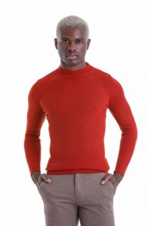 Kiremit Regular Fit Düz Balıkçı Yaka Klasik Yün Triko Kazak | XXL