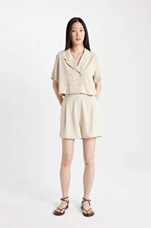 DeFacto Yüksek Bel Kısa Paça Keten Karışımlı Şort C3829AX24HSBG737