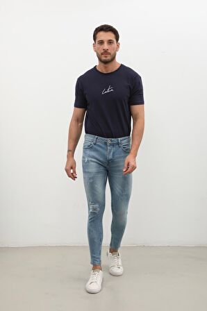 Erkek Skinny Ripped Jean Açık Mavi