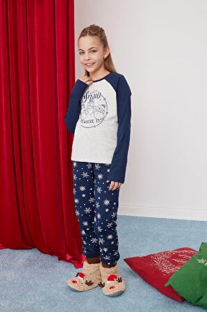 DeFacto Kız Çocuk Yılbaşı Temalı Pijama Takımı Bisiklet Yaka Uzun Kollu Üst Uzun Alt D8797A824AUGR379