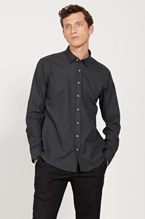 Erkek Antrasit Slim Fit Dar Kesim Düğmeli Yaka Flanel Oduncu Gömlek