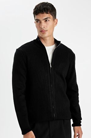 DeFacto Siyah Standart Fit Normal Kesim Dik Yaka Fermuarlı Triko Hırka C8158AX24AUBK27