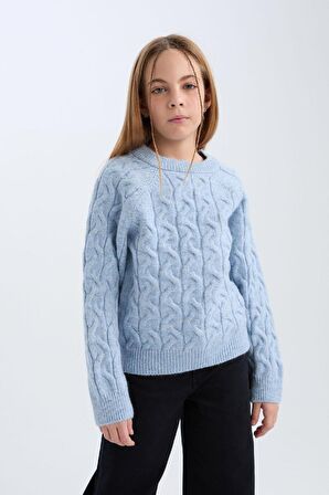 DeFacto Kız Çocuk Standart Fit Bisiklet Yaka Saç Örgülü Triko Kazak C9539A824WNBE745