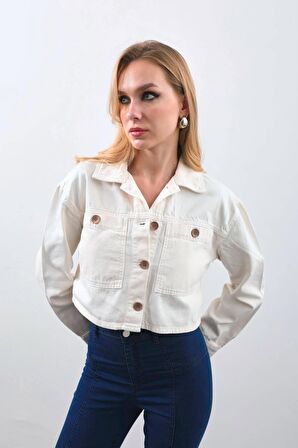 Kadın Ekru Crop Kesim Jean Ceket