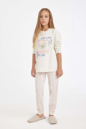 DeFacto Kız Çocuk Pijama Takımı Ayı Baskılı Uzun Kollu Üst Uzun Alt D6651A824AUBG759
