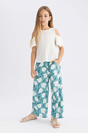DeFacto Kız Çocuk Wide Leg Geniş Bol Paça Çiçekli Beli Lastikli Bürümcük Pantolon C5373A824SMGN1242