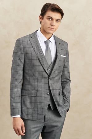 Erkek Gri Slim Fit Dar Kesim Mono Yaka Kareli Yelekli Klasik Takım Elbise
