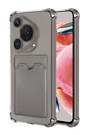 Huawei Pura 70 Ultra Uyumlu Kılıf Darbe Emici Köşe Korumalı Kartlıklı Cüzdanlı Silikon Kapak - Füme