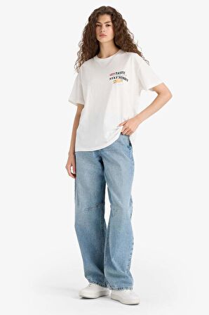 Oversize Geniş Kalıp Bisiklet Yaka Baskılı Kısa Kollu Tişört