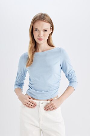 DeFacto Fitted Vücuda Oturan Kayık Yaka Basic Düz Uzun Kollu Tişört C4577AX24AUBE196