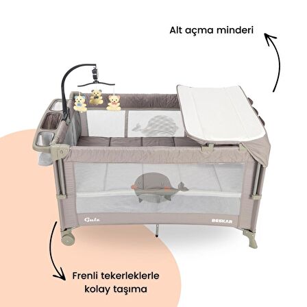 Gulz Beskar Anne Yanı Sallanır Cibinlikli Dönenceli Alt Açmalı Oyun Parkı Bebek Beşik 70X120 cm + YATAK Gri