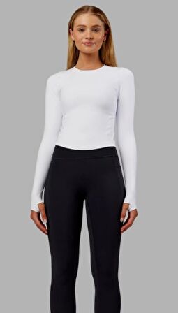 Beyaz Bisiklet Yaka Uzun Kol Body DARKALIP Cotton Ribana Kumaş Parmak Geçmeli  Jimnastik Spor Body