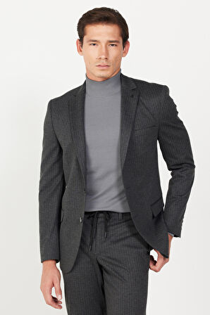 Erkek Antrasit Slim Fit Dar Kesim Mono Yaka Çizgili Takım Elbise