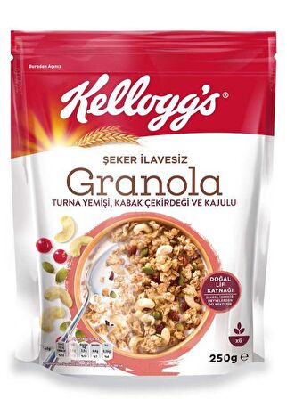 KELLOGG'S ŞEKER İLAVESİZ GRANOLA TURNA YEMİŞİ, KABAK ÇEKİRDEĞİ VE KAJULU  250 GR  x3 ADET ,%42 YULAF İÇERİR, LİF KAYNAĞI