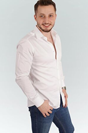 Erkek Beyaz İthal Saten Slimfit Gömlek