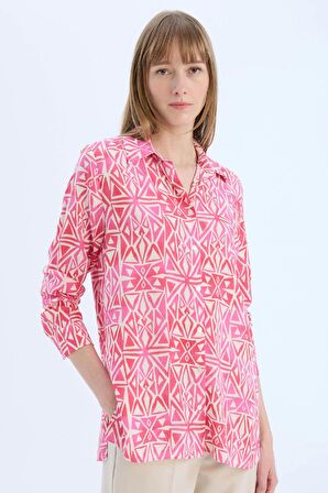 Oversize Geniş Kalıp Gömlek Yaka Baskılı Uzun Kollu Tunik