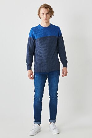 Erkek Saks-havacı Mavı Standart Fit Normal Kesim Bisiklet Yaka Desenli Yünlü Triko Kazak