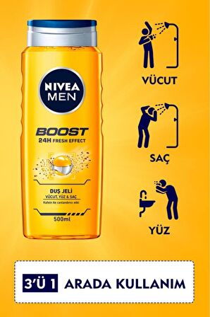 Nivea MEN Erkek Duş Jeli Boost 500ml, Vücut Yüz Saç, Nane Özleri, Kafein ile Canlandırıcı, Erkeksi Koku