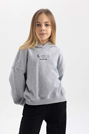 DeFacto Kız Çocuk Oversize Fit Kapüşonlu Baskılı İçi Yumuşak Tüylü Kalın Sweatshirt B2511A823WNGR379