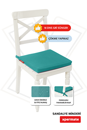XPERMATE Fermuarlı Sandalye Minderi Su İtici Kumaş 40x40 cm Sünger Sandalye Minderi Bağcıklı Turkuaz