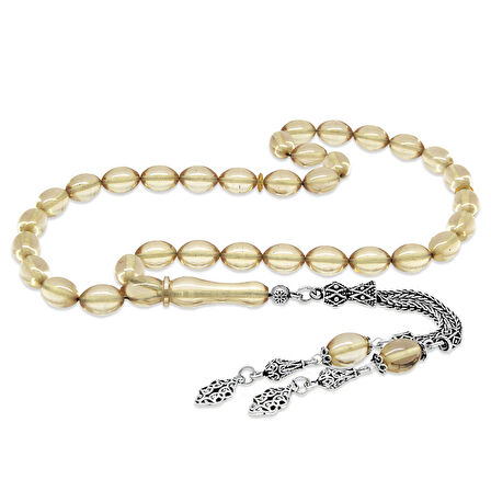 925 Ayar Gümüş Çift Püsküllü Arpa Kesim Şeffaf Beyaz Ateş Kehribar Tesbih