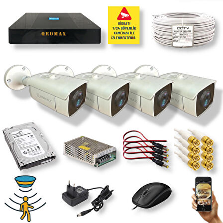 4 Kamerali Set - Hareket Algılayan Gece Görüşlü 24 Smd Led 5MP Sony Lensli 1080P Full HD Metal Kasa Güvenlik Kamerasi Seti 6224