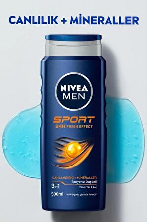 NIVEA MEN Erkek Canlandırıcı Banyo ve Duş Jeli Sports 500ml, Vücut Yüz Saç, Yenileyici Mineraller, X2 Adet