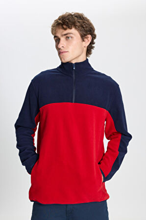 Erkek Lacivert-kırmızı Standart Fit Normal Kesim Günlük Rahat Çift Renkli Polar Spor Sweatshirt