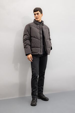 Şişme Mont Slim Fit Dar Kesim Dik Yaka Fermuarlı Cepli