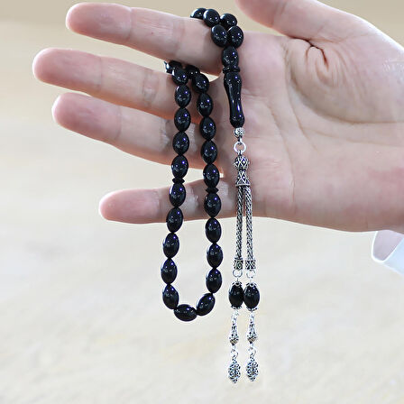 925 Ayar Gümüş Çift Püsküllü Arpa Kesim Siyah Sıkma Kehribar Tesbih