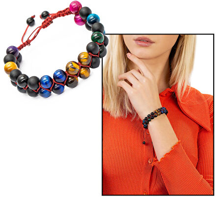 Çift Sıra Makrome Örgülü Küre Kesim Çoklu Kaplangözü Doğaltaş Kombinli Kadın Enerji Bilekliği