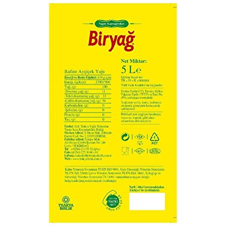 Biryağ Rafine Ayçiçek Yağı 5 lt Teneke