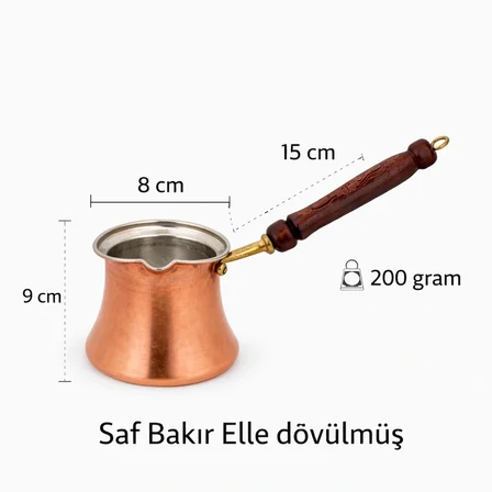 2'li Bakır Cezve Seti Ahşap Saplı Türk Kahvesi Cezvesi 4-6 Fincan Geleneksel Kahve Seti