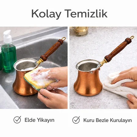 2'li Bakır Cezve Seti Ahşap Saplı Türk Kahvesi Cezvesi 4-6 Fincan Geleneksel Kahve Seti